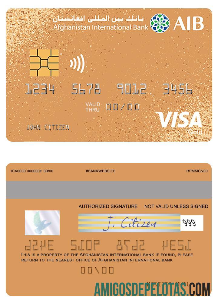 Cartão pré-pago Visa Gold do Banco Internacional do Afeganistão amostra